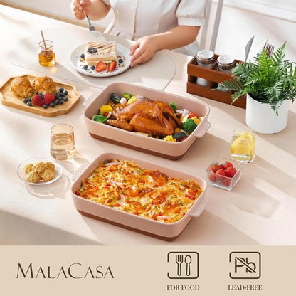 MALACASA 4.8 Qt Ceramic Baking Dish - Deep Rectangular Casserole with Handles | 9 x 13 Inch, Khaki & Pink