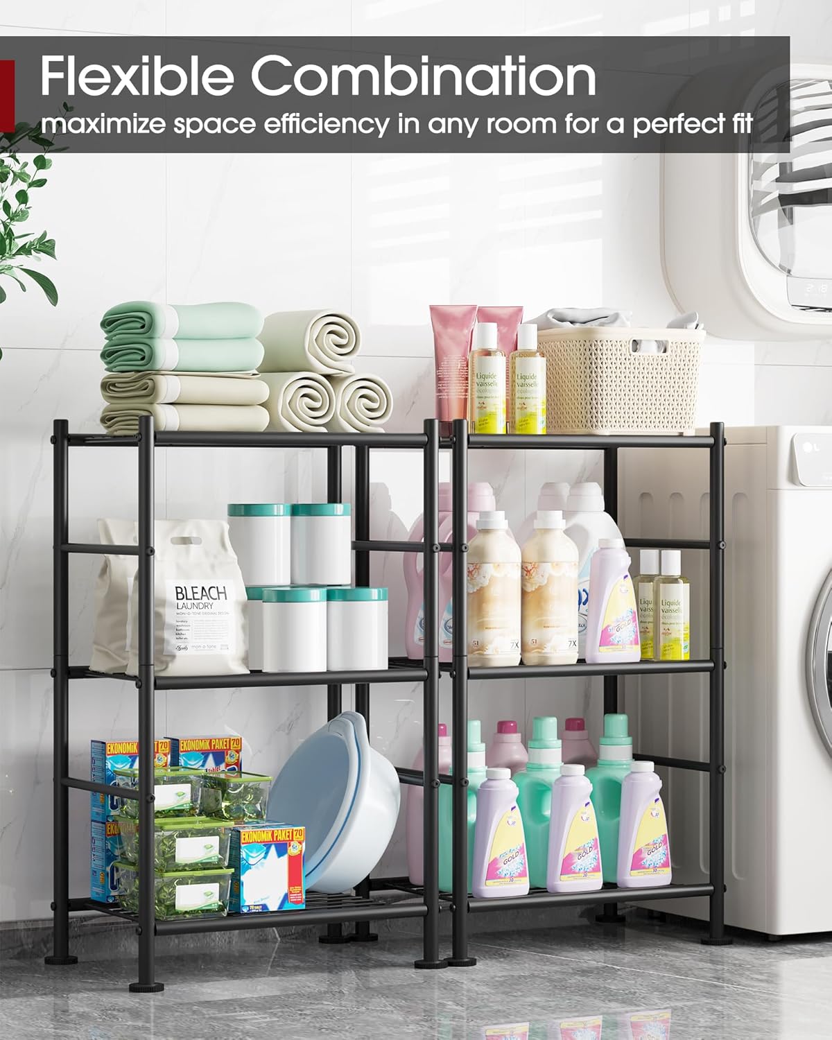 Sakugi Storage Shelves - Sturdy 3-Tier Metal Organizer with Adjustable Feet | Space-Saving for Pantry, Laundry & Kitchen (18" x 12" x 30", Black)