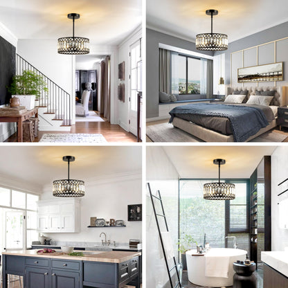 Rpzloila 2-Light Crystal Ceiling Light Fixture, Modern Semi Flush Mount Ceiling Light, Black Crystal Chandelier for Kitchen Bedroom Bathroom Entryway Hallway