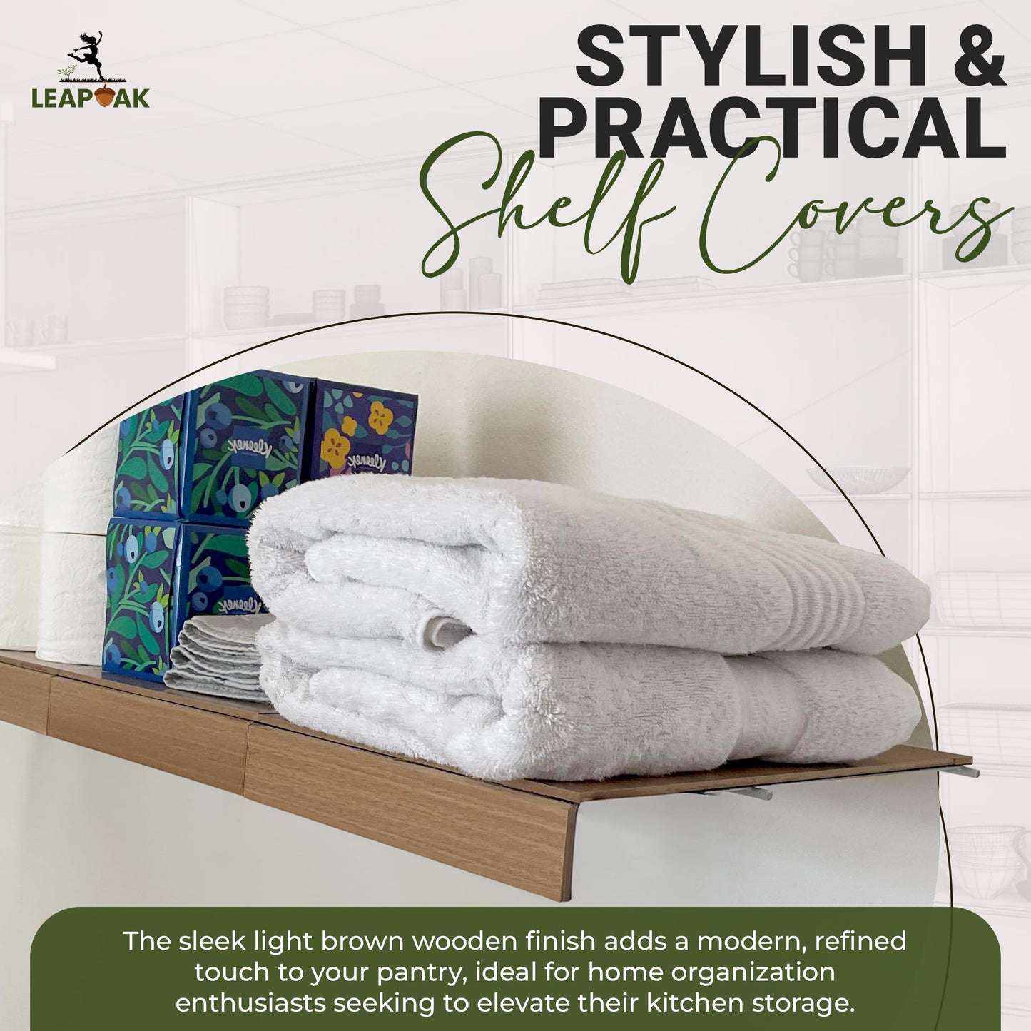 LEAPOAK Wire Shelf Cover - Adjustable Engineered Wood Panels with Extra Modular Pieces - Custom Fit for Pantry, Closet, & Kitchen Wire Shelving - Velcro Secures in Place - Smooth Finish (Light Wood)