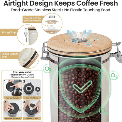 Veken Coffee Canister - 39oz Airtight Stainless Steel Food Storage Container with Date Tracker & Scoop | Cream
