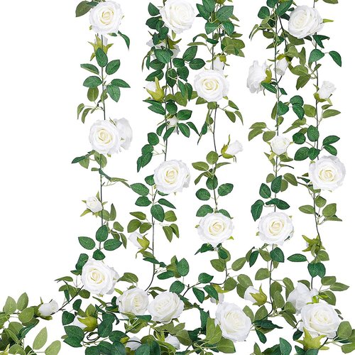 TELDRASSIL 4Pcs(26 FT) Artificial Rose Vine Fake Flower Garland Fake Silk Rose Hanging Vine for Wedding Party Background Arch Garden Background Decoration (White)