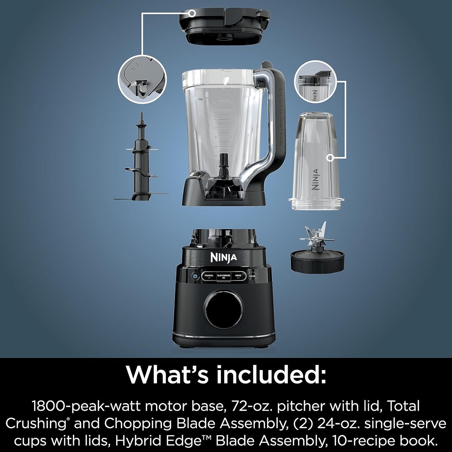 Ninja Blender & Food Processor - All-in-One Kitchen Appliance for Smoothies & Food | 72 oz. Pitcher & (2) 24 oz. To-Go Cups | 1800 Watt | Black | TB301
