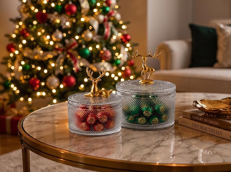 Christmas Reindeer Glass Candy Jars with Lids - Set of 2 Crystal Diamond-Cut Jars