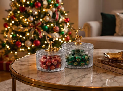 Christmas Reindeer Glass Candy Jars with Lids - Set of 2 Crystal Diamond-Cut Jars