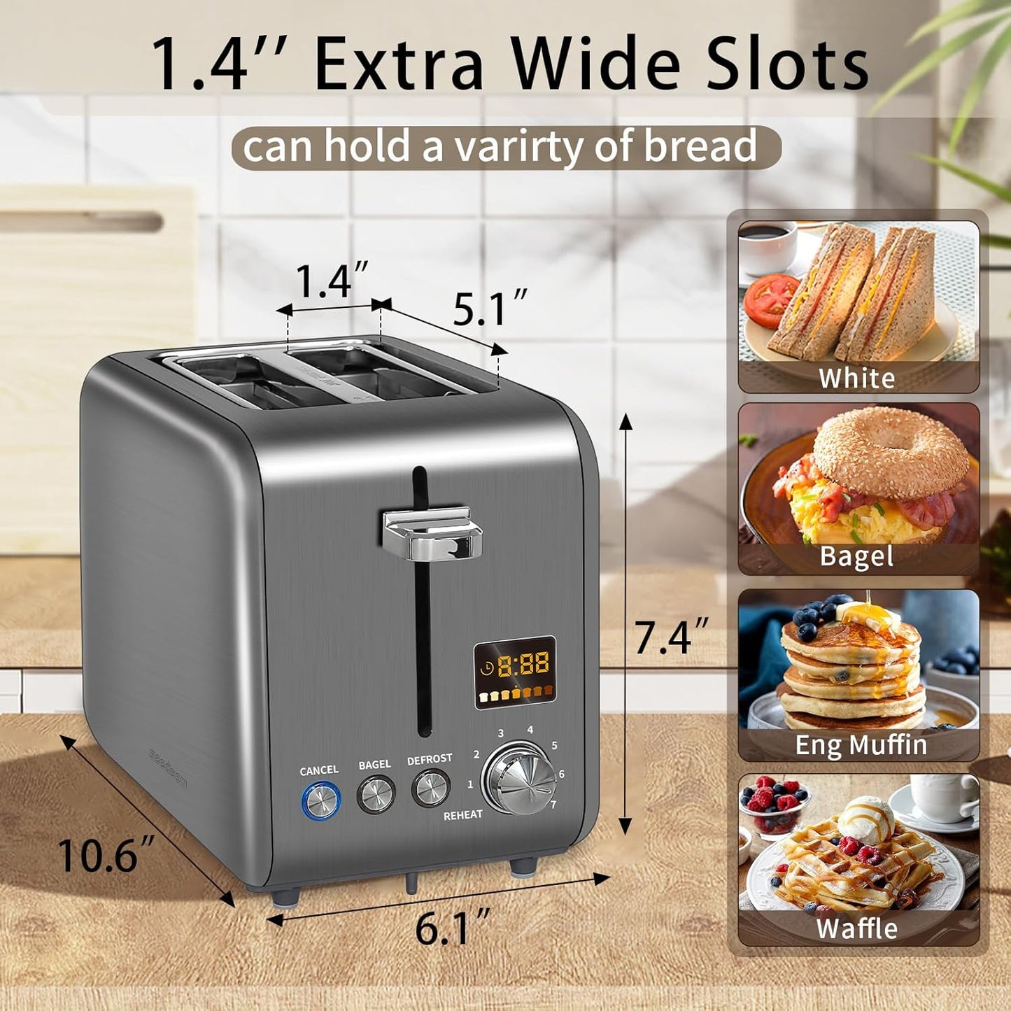 SEEDEEM 2-Slice Stainless Steel Toaster - LCD Display, 7 Shade Settings, 1.4'' Wide Slots, Dark Metallic Finish