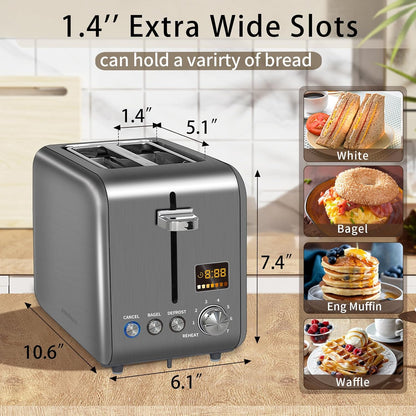 SEEDEEM 2-Slice Stainless Steel Toaster - LCD Display, 7 Shade Settings, 1.4'' Wide Slots, Dark Metallic Finish