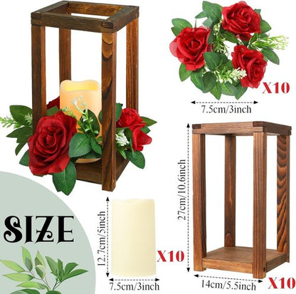 Hushee 30 Pcs Rustic Wooden Lantern Centerpiece - Integrated Candle Holders for Wedding & Home Decor | Brown & Red