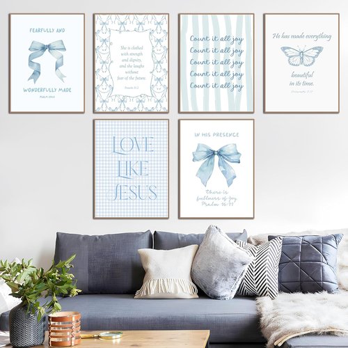 Coquette Blue Bow Wall Art Decor - Inspirational Bible Verses for Teen Girls | Light Blue 8x10 Unframed