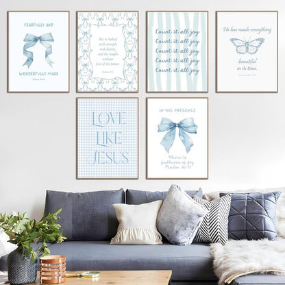 Coquette Blue Bow Wall Art Decor - Inspirational Bible Verses for Teen Girls | Light Blue 8x10 Unframed