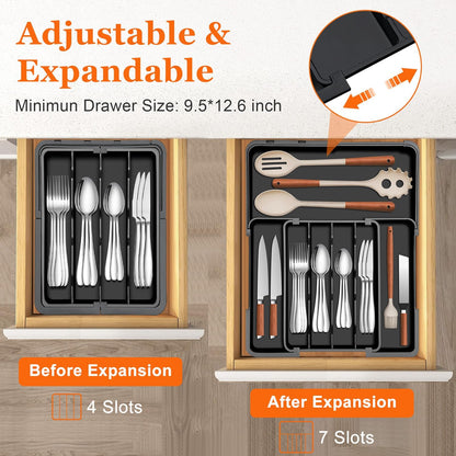 Spaclear Silverware Organizer - Expandable Utensil Drawer Storage | Adjustable Black Flatware Holder
