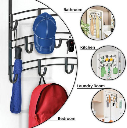 LYNK Professional® Over the Door Hooks - 14 Hook Coat Rack for Towels & Clothes - Black Finish