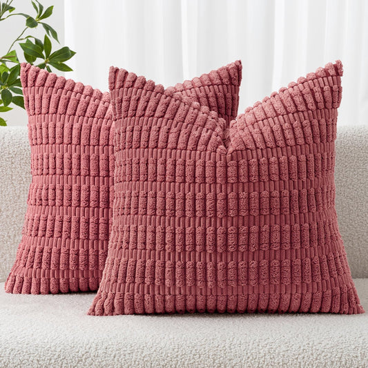 MIULEE Corduroy Throw Pillow Covers - Soft Boho Striped Design | 20x20 Inch Cranberry Red for Modern Home Decor