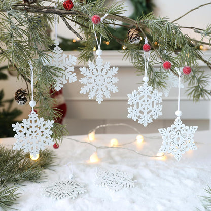 Skiennix 16-Piece White Snowflake Ornaments - 3-Inch Wooden Christmas Decorations for Winter Trees