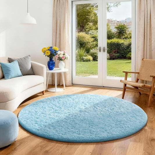 Ophanie Round Rug - Fluffy Light Blue Circle Area Rug | 4Ft Plush Shag Carpet for Kids' Rooms
