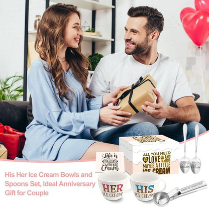 FUTBU Anniversary Couple Gift Ice Cream Bowls and Spoon Scoop Set, His and Hers Gifts, Mothers Day Couples His Her Ice Cream Accessories Bowl Present, Unique Wedding Gift 2025 for Friends