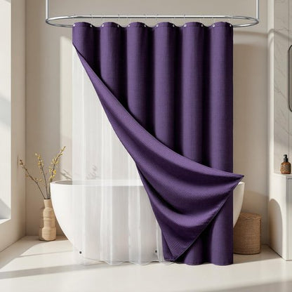 Dynamene Purple Shower Curtain and Liner Set, Waffle Weave Fabric, Waterproof Clear Liner, 256GSM Heavy Duty Weighted Hotel Luxury Cloth Shower Curtains for Bathroom with 12 Plastic Hooks, 72Wx72H