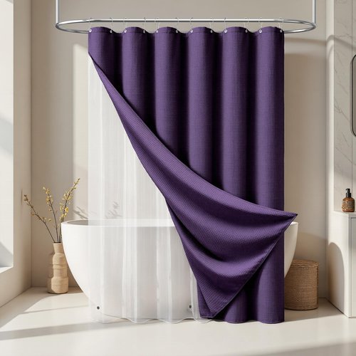 Dynamene Extra Long Shower Curtain and Liner Set - 84 inch Tall Waffle Fabric, Waterproof Clear Liner, Heavy Duty Weighted Hotel Luxury Cloth Shower Curtains for Bathroom with 12 Hooks, 72x84, Purple