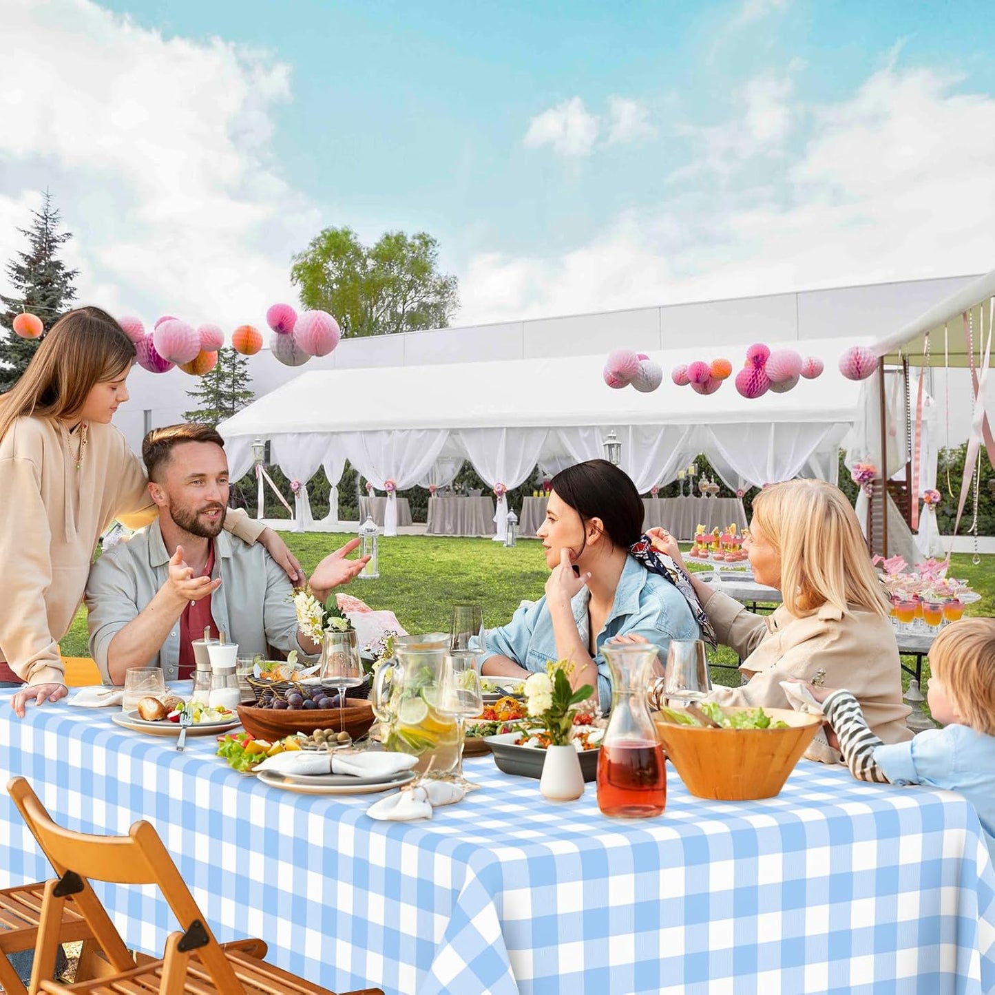 Skiennix Light Blue Gingham Tablecloth - Disposable Waterproof Rectangular Cover | 54" x 108" for Parties & Picnics
