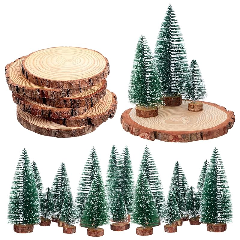 18 Pcs Bottle Brush Christmas Trees & 6 Natural Wood Slices Set, 3 Sizes