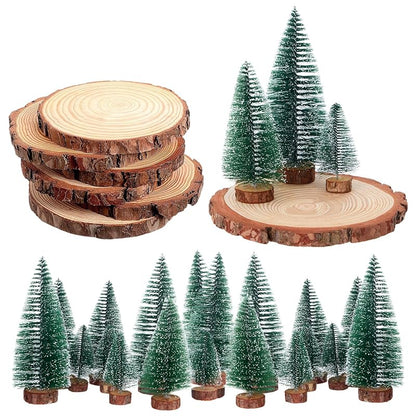 18 Pcs Bottle Brush Christmas Trees & 6 Natural Wood Slices Set, 3 Sizes