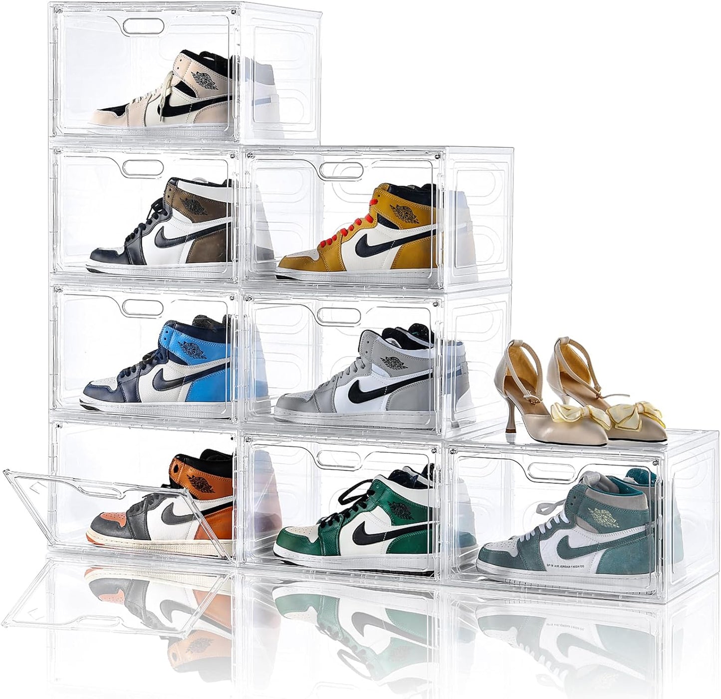 Amllas Clear Plastic Shoe Boxes - Stackable Large Storage Organizers with Lids | Fits Up to US Size 13 (13” x 10.6” x 8.3”)