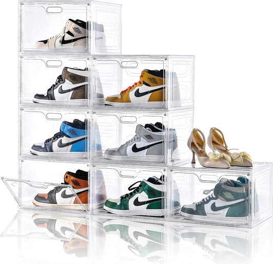 Amllas Clear Plastic Shoe Boxes - Stackable Large Storage Organizers with Lids | Fits Up to US Size 13 (13” x 10.6” x 8.3”)
