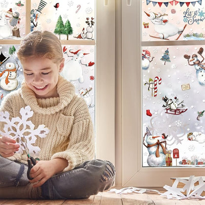 Christmas Window Clings Snowman & Snowflake Sheets – 9 PVC Static Decals 7.8 x 11.8 in