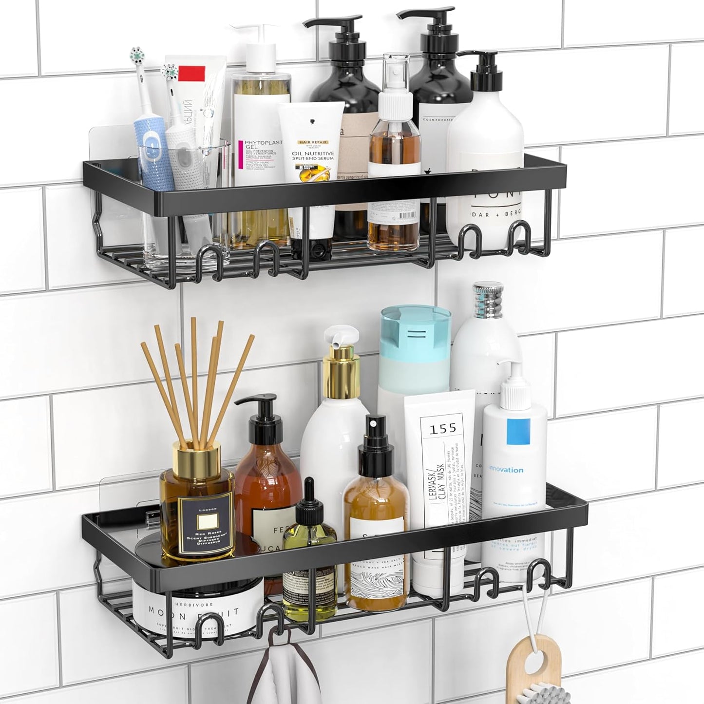 Moforoco Shower Caddy Organizer - Self-Adhesive Black Bathroom Shelf for Home & RV Storage