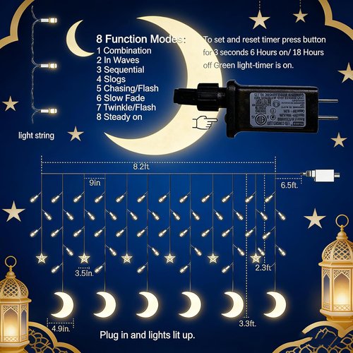 Dazzle Bright Ramadan Curtain String Lights - 138 LED Warm White Star & Moon Design | 8.2 FT Waterproof Decor