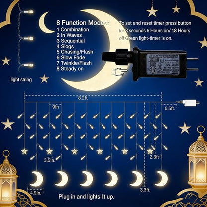 Dazzle Bright Ramadan Curtain String Lights - 138 LED Warm White Star & Moon Design | 8.2 FT Waterproof Decor