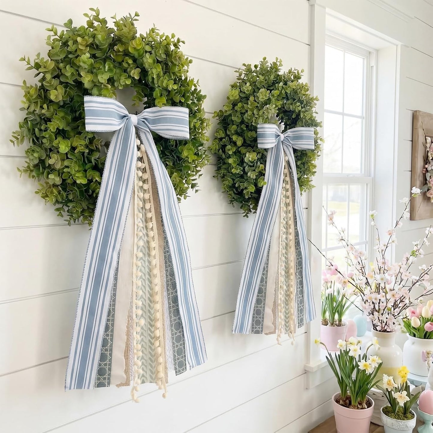 Suncalla Ribbon Bow Bundle - 2 Pcs Grayish Blue & Ivory for Large Wreaths | Indoor & Outdoor Decor