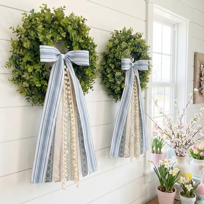Suncalla Ribbon Bow Bundle - 2 Pcs Grayish Blue & Ivory for Large Wreaths | Indoor & Outdoor Decor