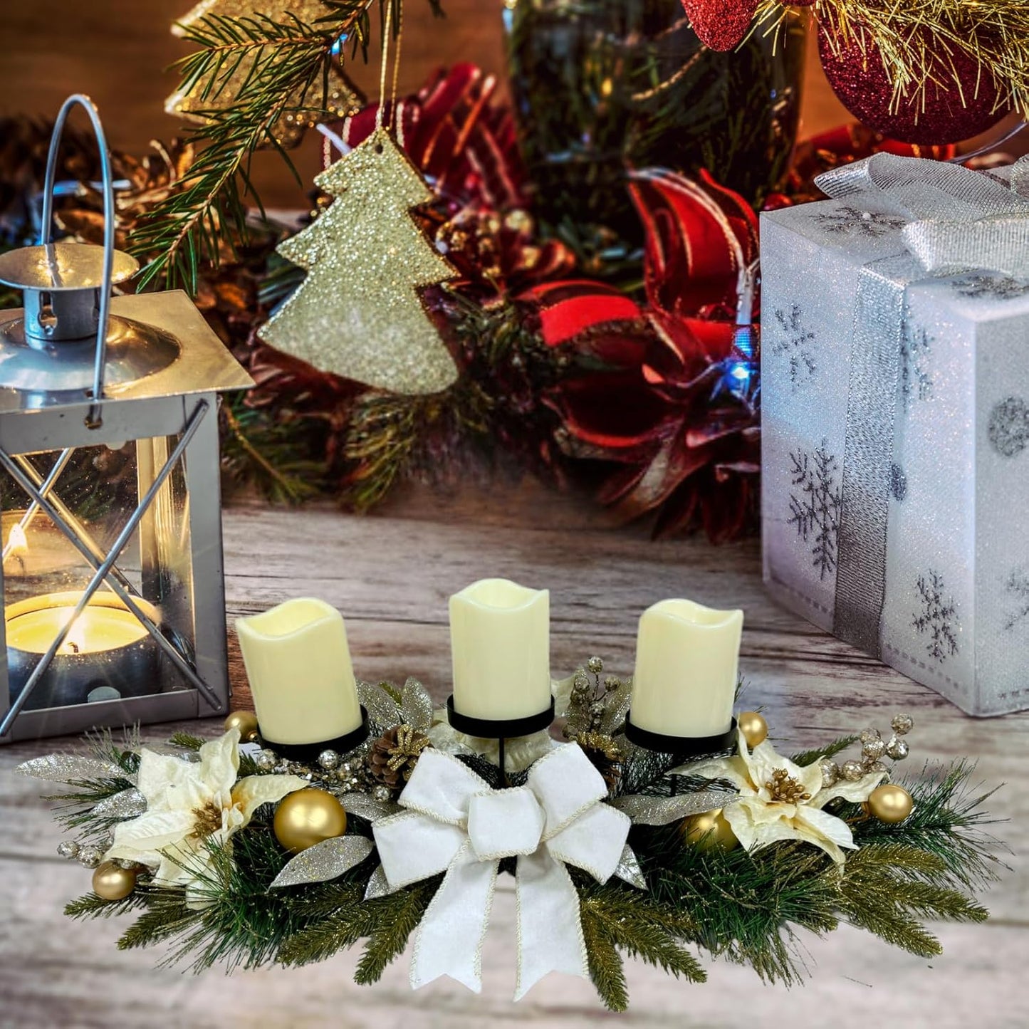Svndlyn Christmas Candle Holders - Elegant 3-Piece Centerpiece with Poinsettia Flowers & Glitter Pine Branches