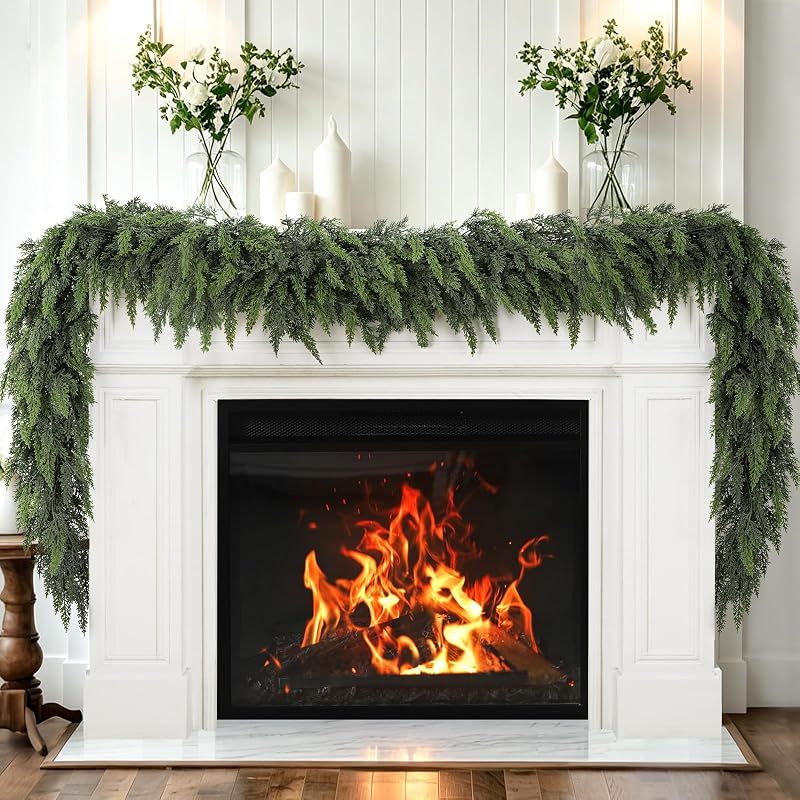 15 Ft Real Touch Cedar Garland - Greenery Mantel Decor, Flexible Branches, Farmhouse Christmas
