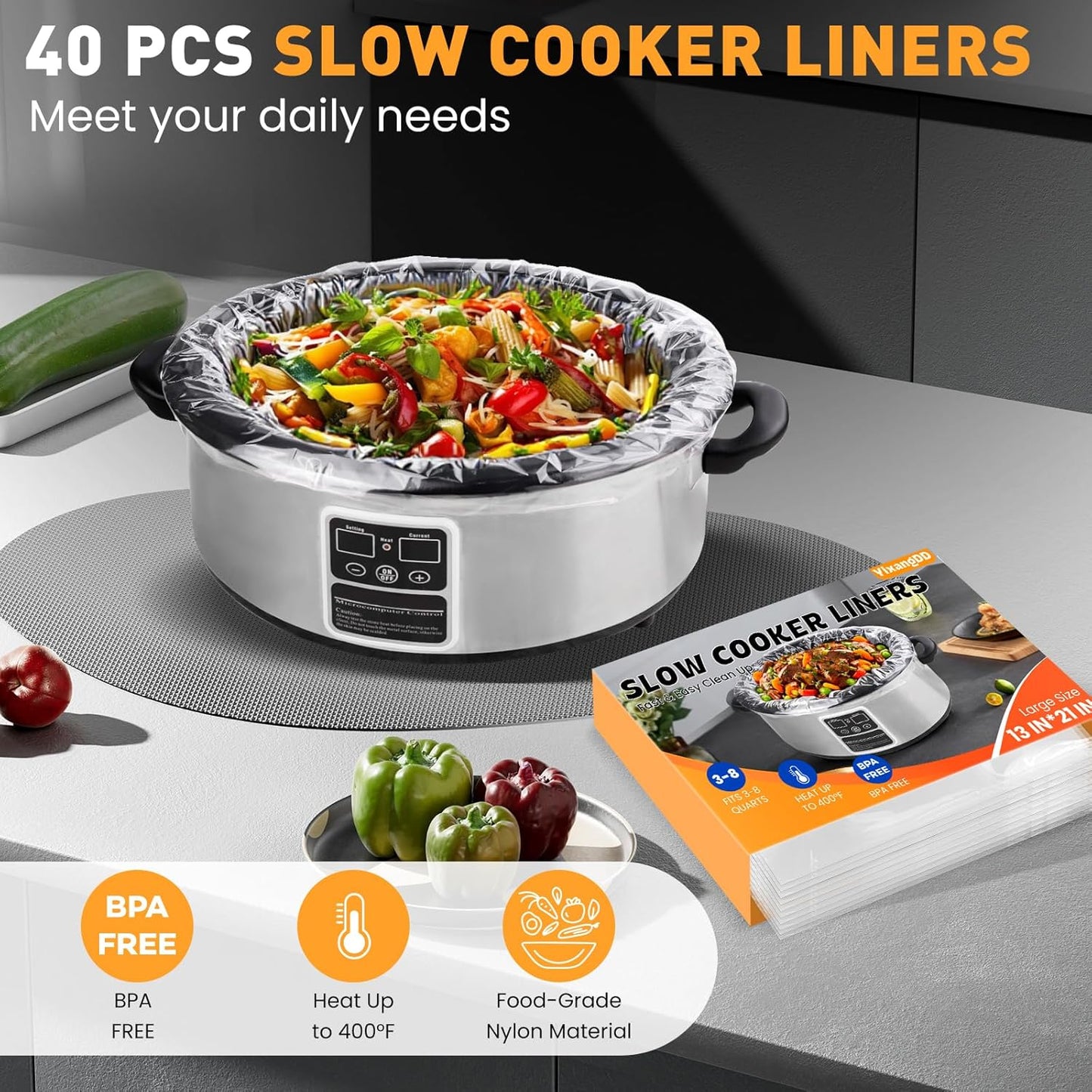 Skiennix Slow Cooker Liners - 40 Pack Disposable Cooking Bags for 3-8 Quart Pots | BPA Free, Large 13"x21" Size