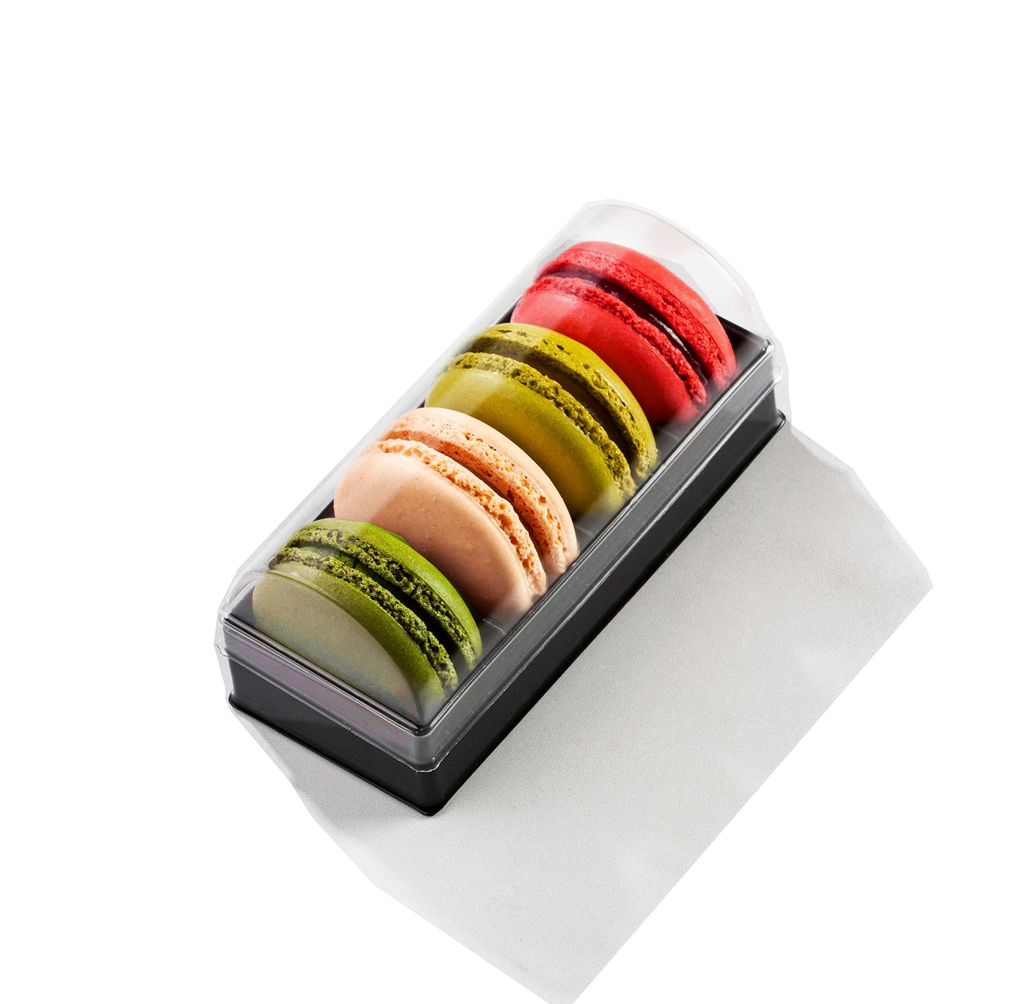 Pastry Chef's Boutique Clear and Black Base Plastic French Macarons Small Gift Boxes - Holds 4 Macarons - Cavity Size 1.76'' x 1'' - Pack of 20