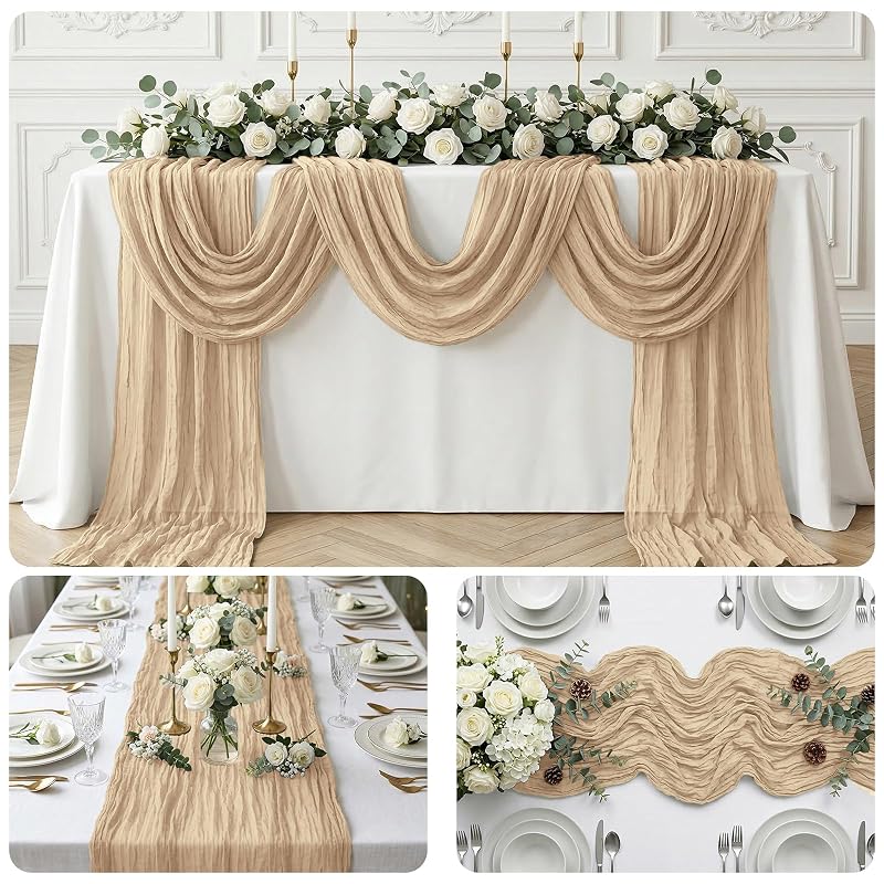 Beige 10 Pack Cheesecloth Table Runner 17 x 108 in - Boho Gauze Decor for Wedding & Party (Variation: Beige+table runner+10 Pack)