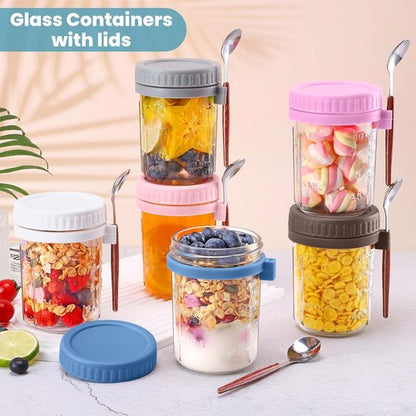 Glass Mason Jars by [Brand Name] - 16 oz Overnight Oats Containers with Airtight Lids & Spoons - 6 Pack