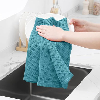 Homaxy Kitchen Dish Towels - 100% Cotton Waffle Weave, Ultra Soft & Absorbent, 13 x 28 Inches, 4-Pack | Lake Blue
