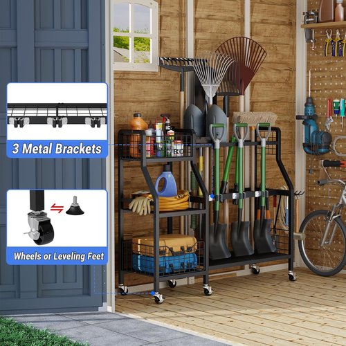 Keomaisyto Garden Tool Organizer - Heavy Duty Metal Storage with 6 Wheels & 2 Baskets | Ideal for Garage, Shed & Yard