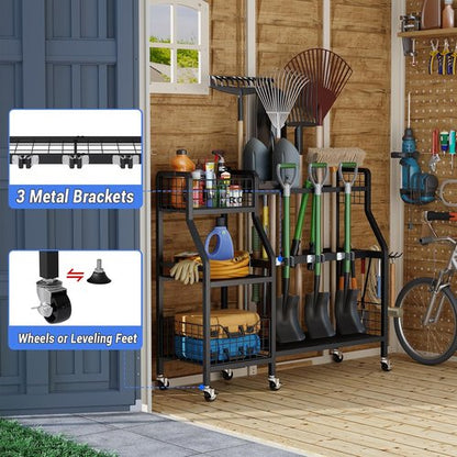 Keomaisyto Garden Tool Organizer - Heavy Duty Metal Storage with 6 Wheels & 2 Baskets | Ideal for Garage, Shed & Yard
