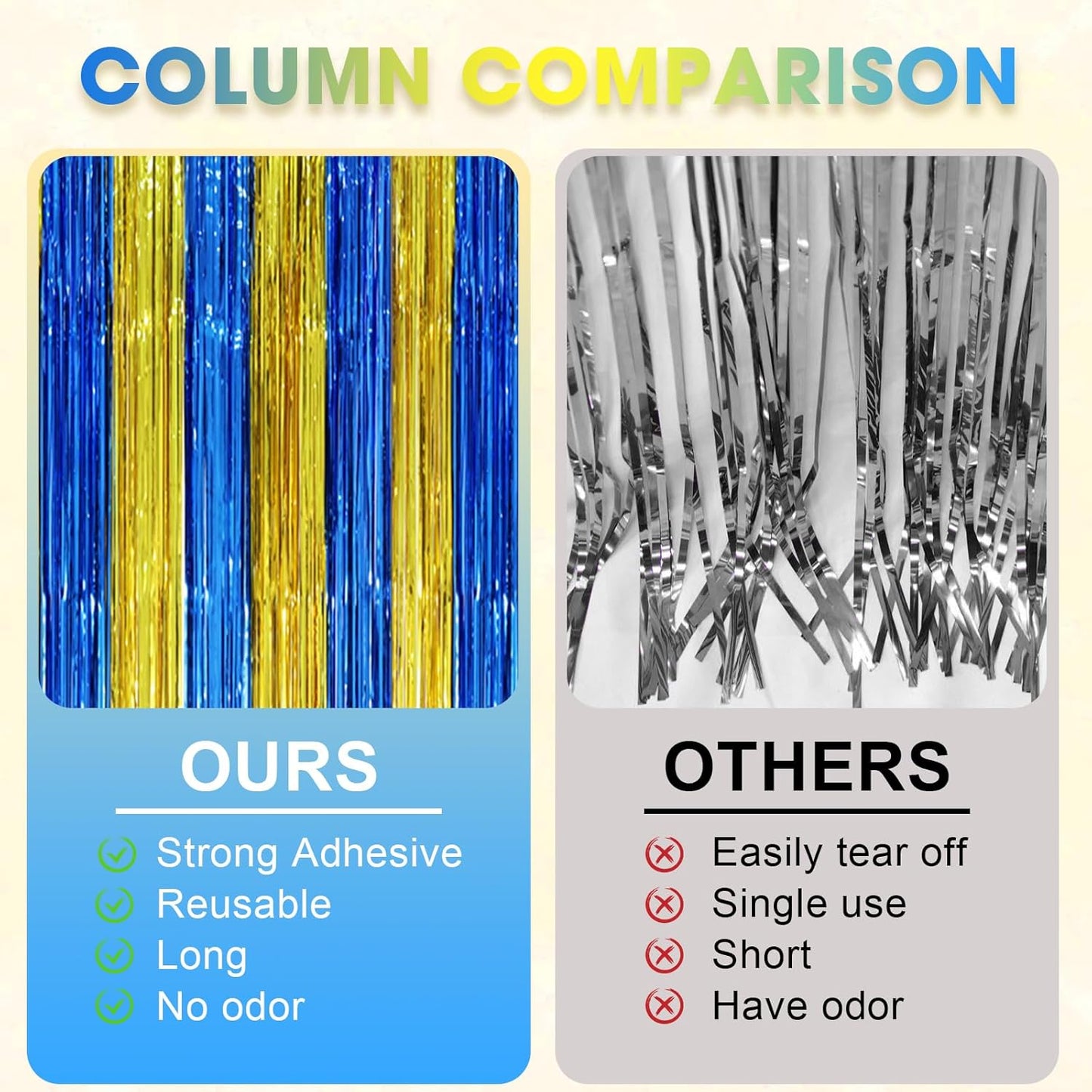 Voircoloria Blue Gold Foil Fringe Backdrop Curtains - 3 Pack Tinsel Streamers for Parties | 3.3 x 8.2 ft
