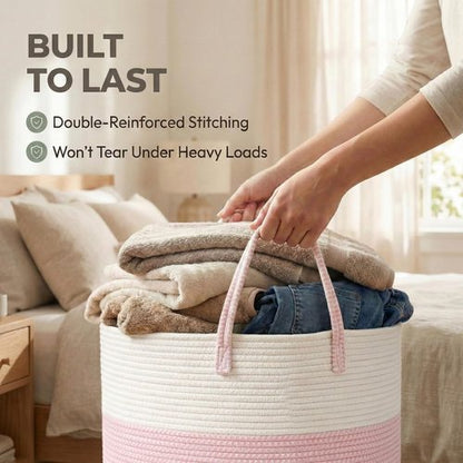 JMvicyroam Extra Large Blanket Basket - Woven Cotton Rope Laundry Hamper with Reinforced Handles | White & Pink, Machine Washable