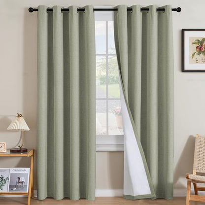 H.VERSAILTEX Linen Curtains 100% Blackout Curtains for Bedroom 84 inch Long Full Light Blocking Nature Linen Blended Window Curtains for Living Room Nickel Grommet (2 Panels, Heathered Tea)