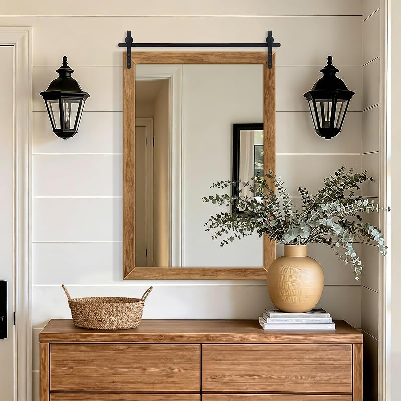 Wood Bathroom Mirror 24x36 in Farmhouse Brown Barn Door Design - Ready to Hang