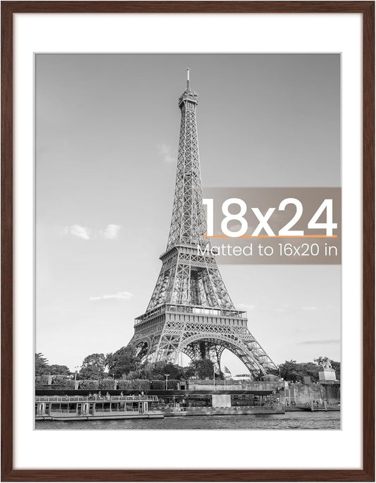 Upsimples 18x24 Picture Frame - Versatile Display for 16x20 with Mat or 18x24 Without - Brown, 1 Pack