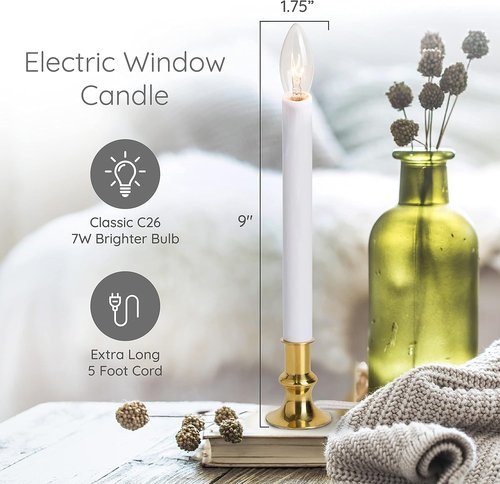 Electric Christmas Window Candle Lamp - 6-Pack | Brass-Plated Base with LED Bulbs | Dusk-to-Dawn Sensor