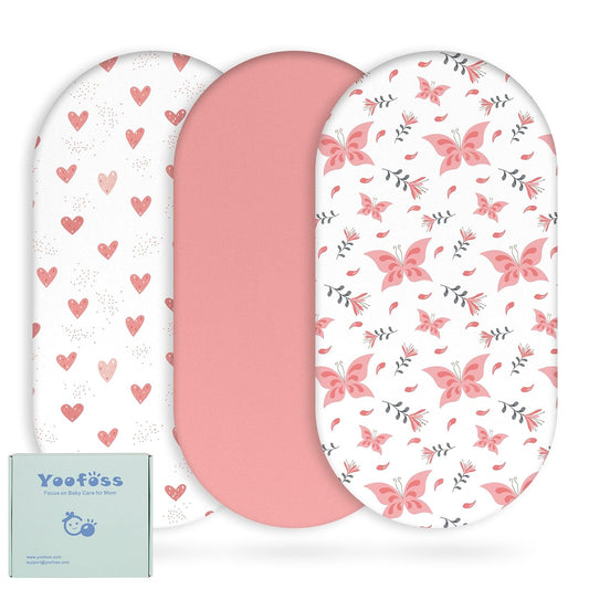 Yoofoss Bassinet Sheets - 3-Pack Fitted Set for Halo Bassinest & More | Soft, Breathable Pink & Butterfly Design