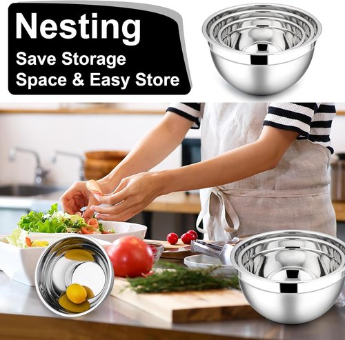 E-far Stainless Steel Mixing Bowls - 6-Piece Set with Airtight Lids & Stackable Design | 4.5, 3, 1.5 QT (Black)